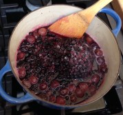 Add sugar and a bag of huckleberries from the freezer.